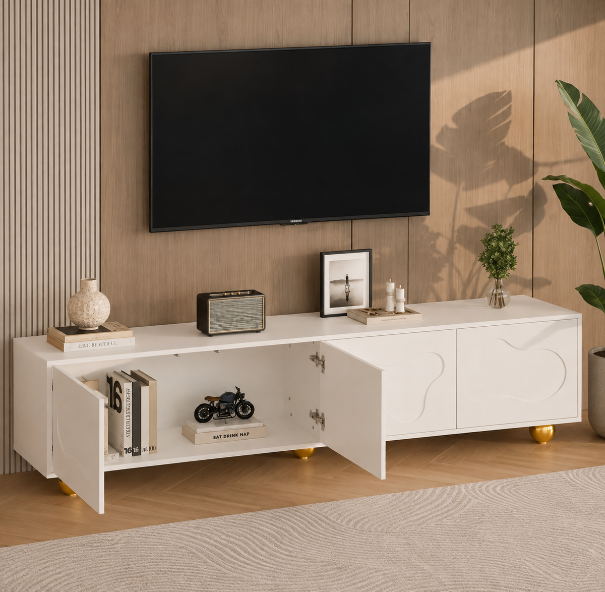 Meuble TV 180 cm 2 armoires sur pieds - Blanc — vue 2 Image