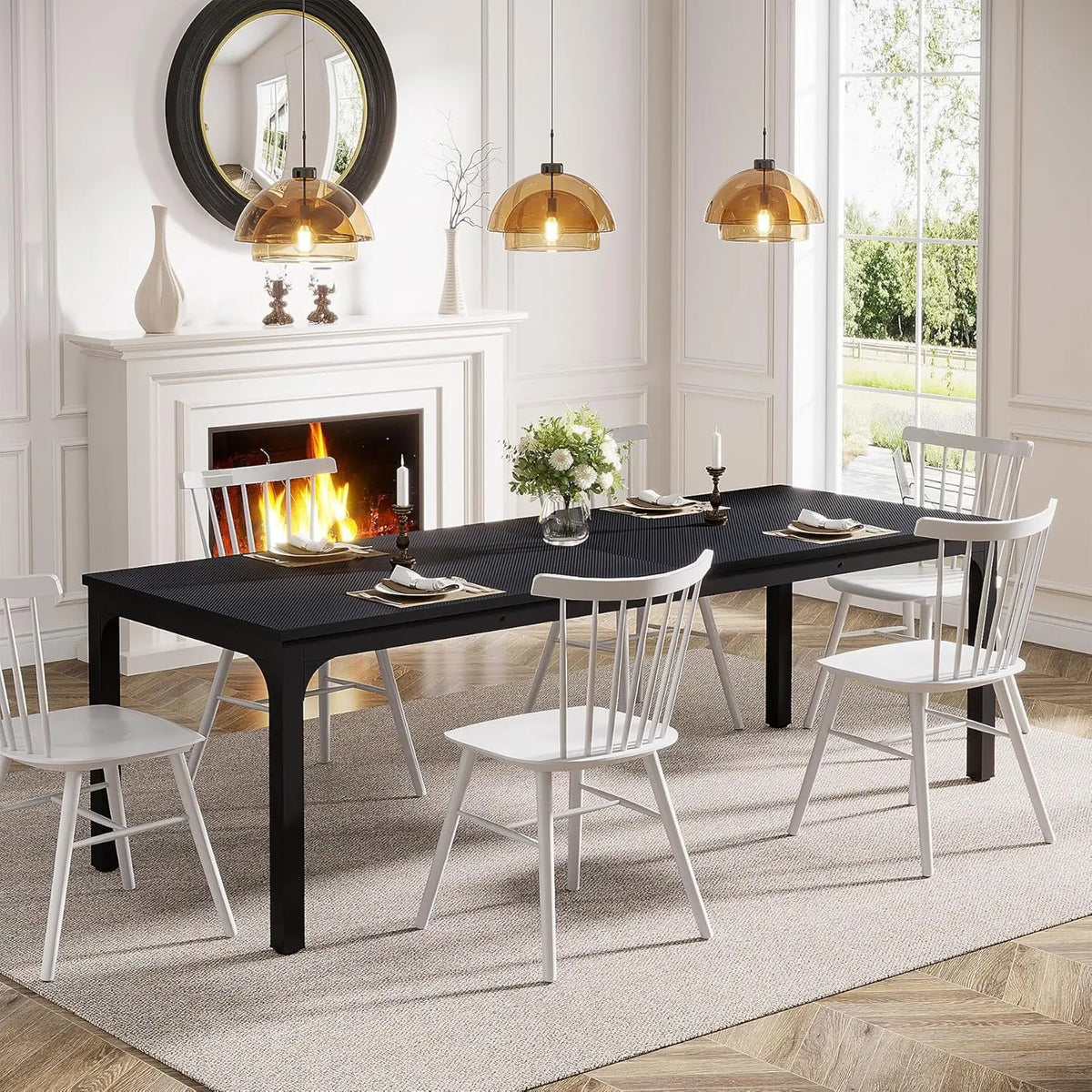 Table à manger Grande Tablée 200 cm — plateau effet bois rustique et piètement métal noir – finition Black