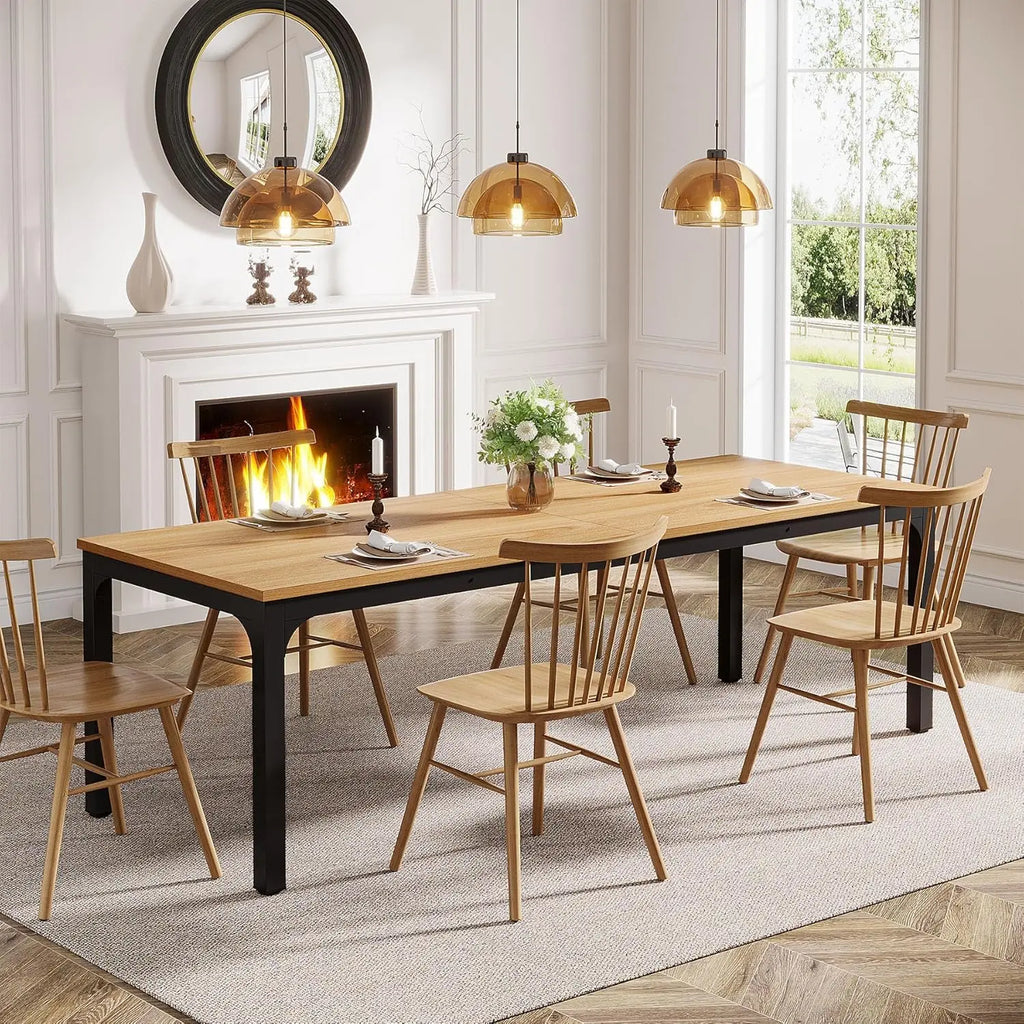 Table à manger Grande Tablée 200 cm — plateau effet bois rustique et piètement métal noir – finition Natural