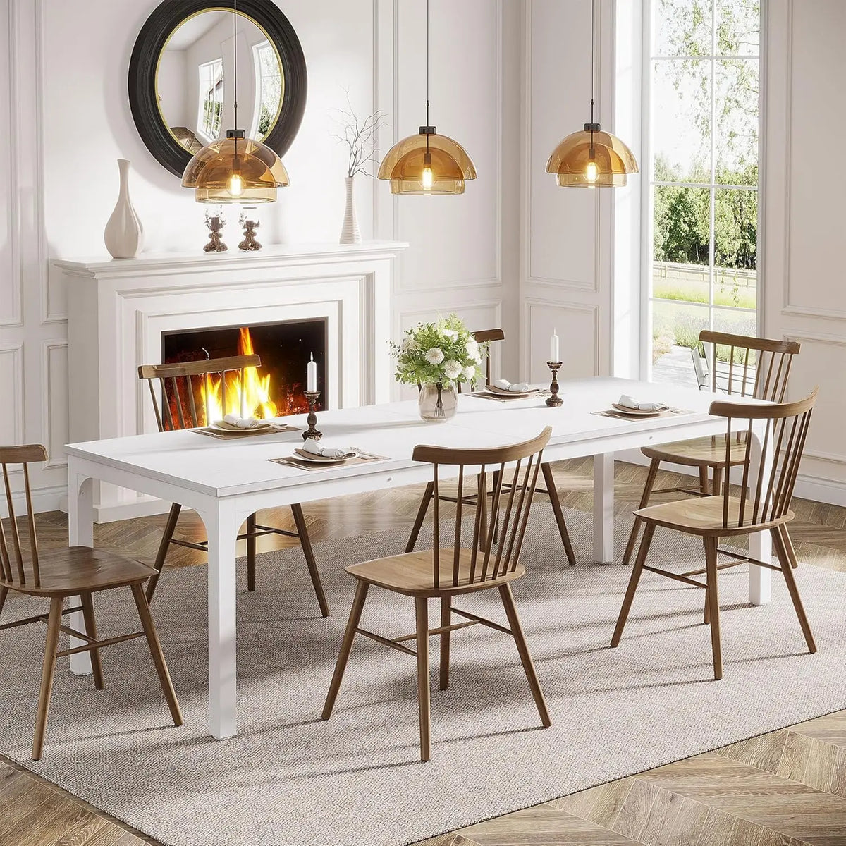 Table à manger Grande Tablée 200 cm — plateau effet bois rustique et piètement métal noir – finition White