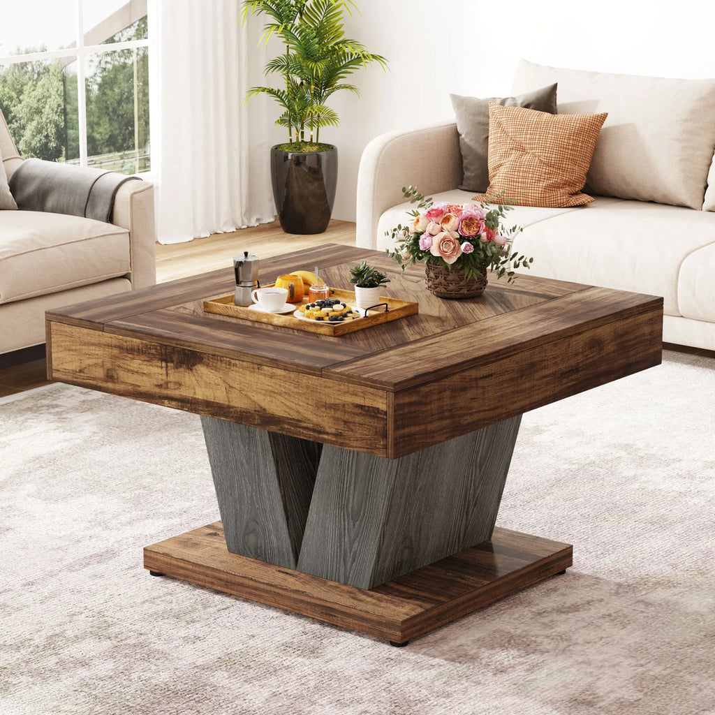 Table basse carrée Massif Look 80 cm — plateau effet bois brun rustique et piètement en V gris béton – finition kaki foncé