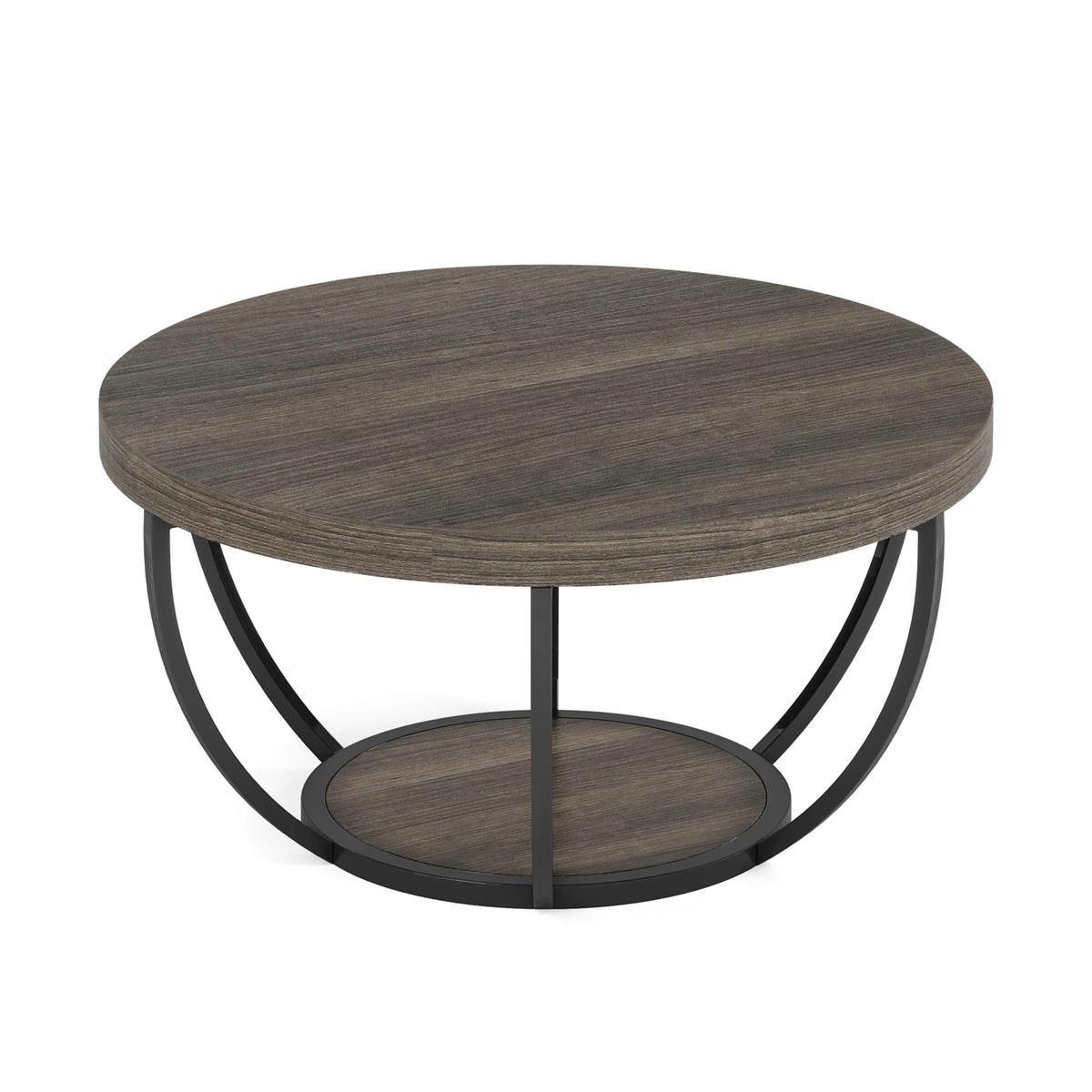 Table basse ronde Duo 81 cm — deux plateaux effet bois et structure métal noir – finition Grey and Black