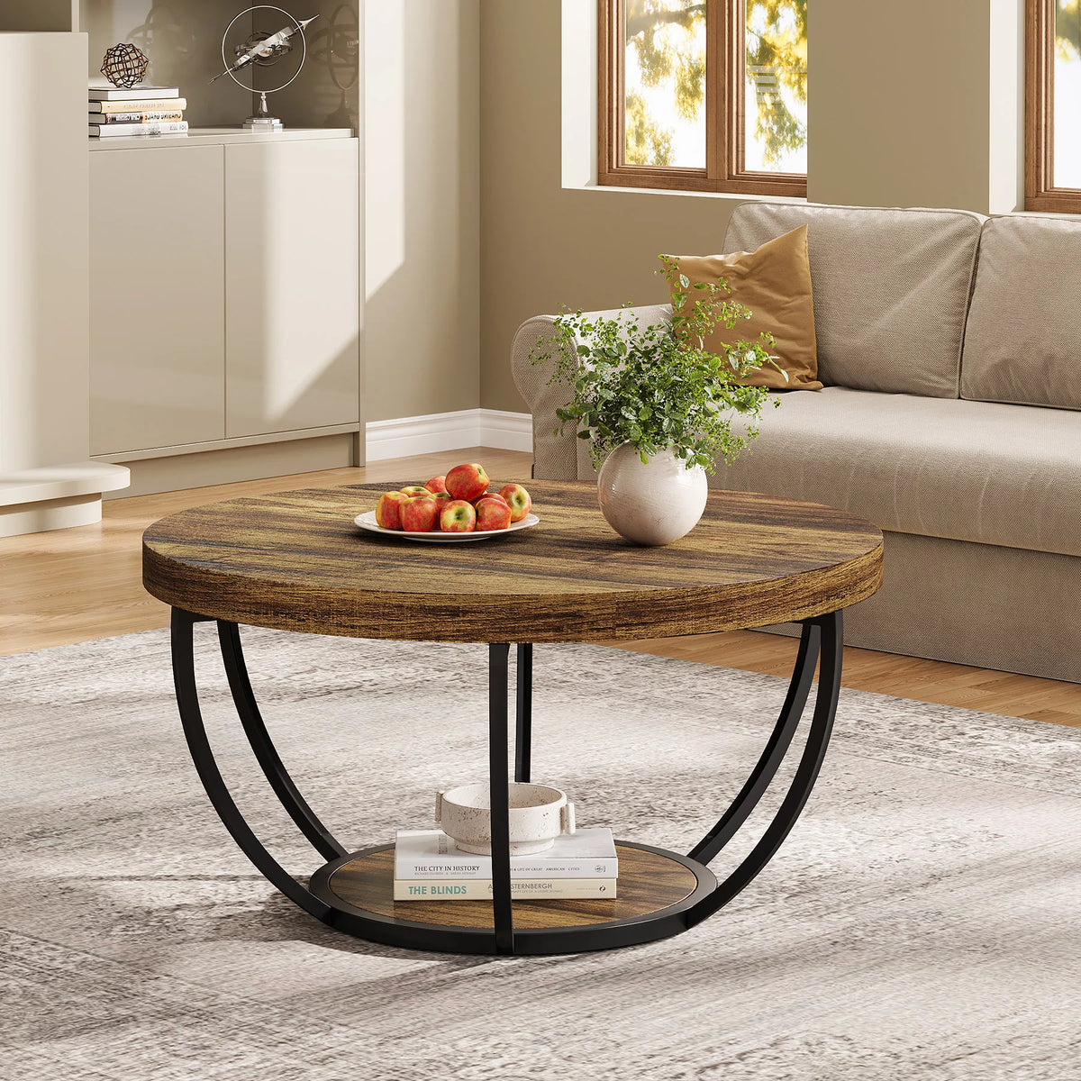 Table basse ronde Duo 81 cm — deux plateaux effet bois et structure métal noir – finition Rustic Brown