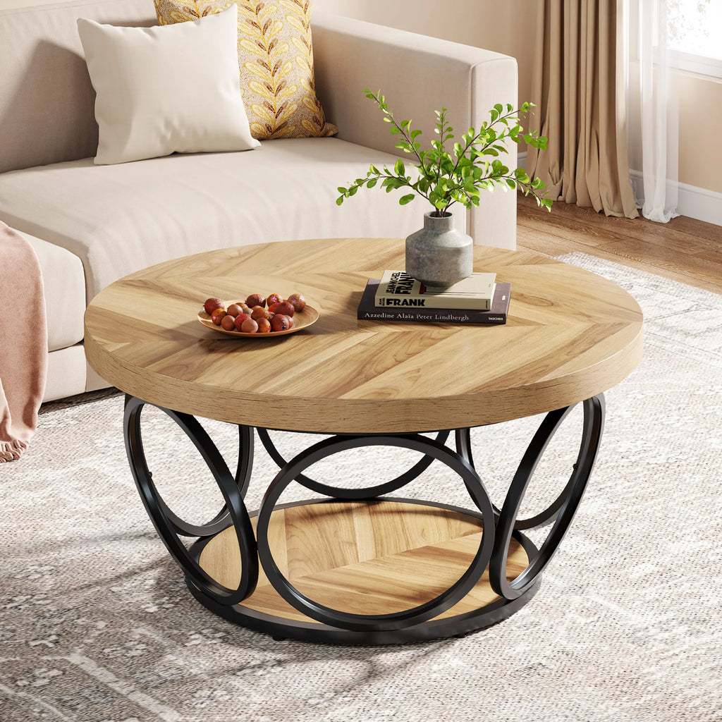 Table basse ronde Duo 81 cm — deux plateaux effet bois et structure métal noir – finition Bwron 02
