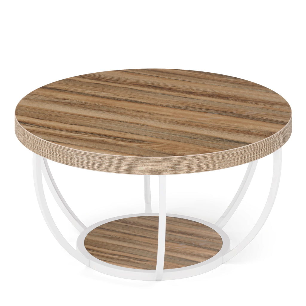 Table basse ronde Duo 81 cm — deux plateaux effet bois et structure métal noir – finition Wood and White