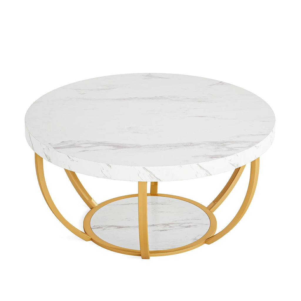 Table basse ronde Duo 81 cm — deux plateaux effet bois et structure métal noir – finition White and Gold
