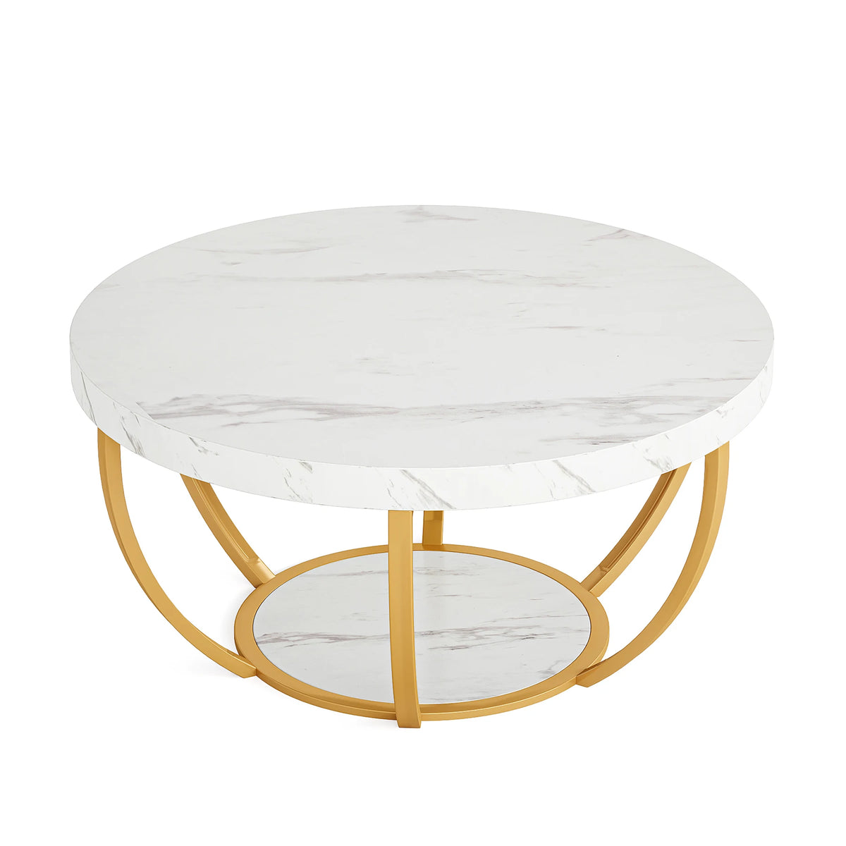 Table basse ronde Duo 81 cm — deux plateaux effet bois et structure métal noir – finition White and Gold
