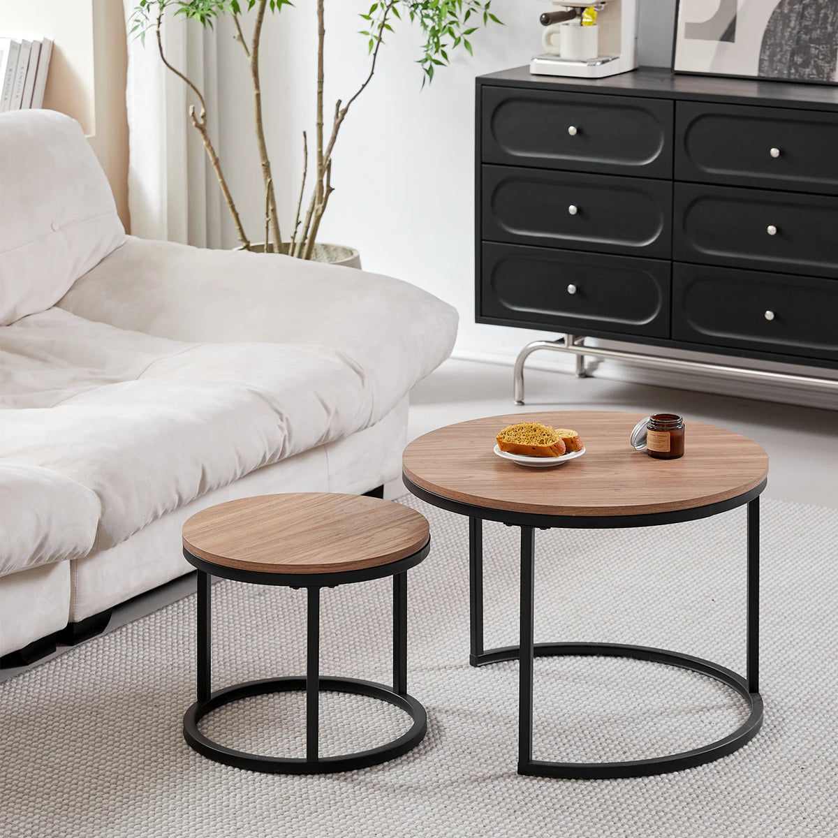 Table basse ronde Fonderie 70 cm — plateau effet bois et piètement métal noir – finition Chêne foncé