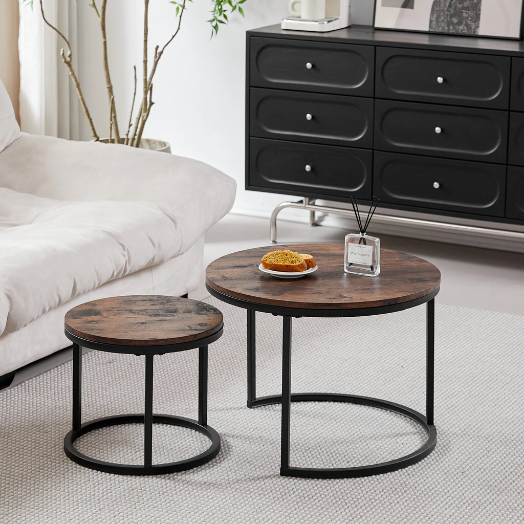 Table basse ronde Fonderie 70 cm — plateau effet bois et piètement métal noir – finition nuage de feu