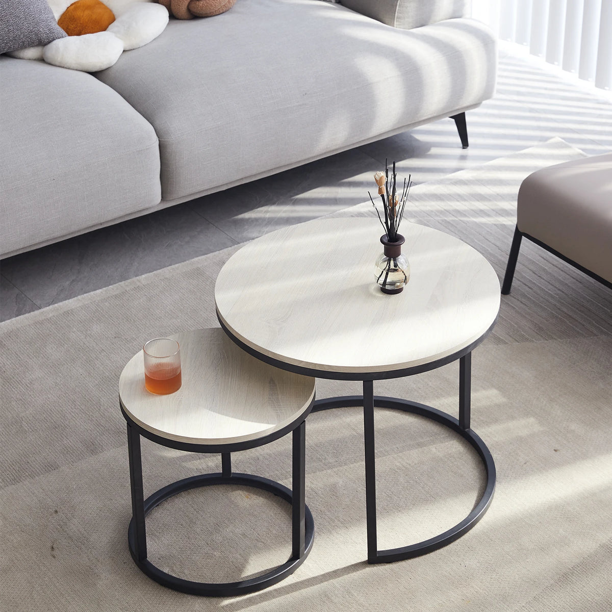 Table basse ronde Fonderie 70 cm — plateau effet bois et piètement métal noir – finition Blanc