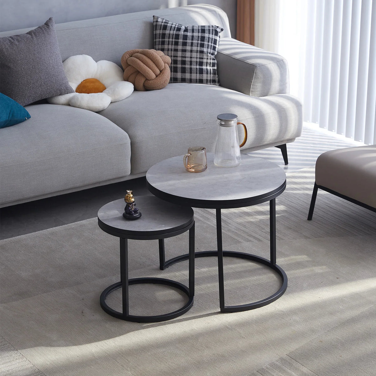 Table basse ronde Fonderie 70 cm — plateau effet bois et piètement métal noir – finition Gris