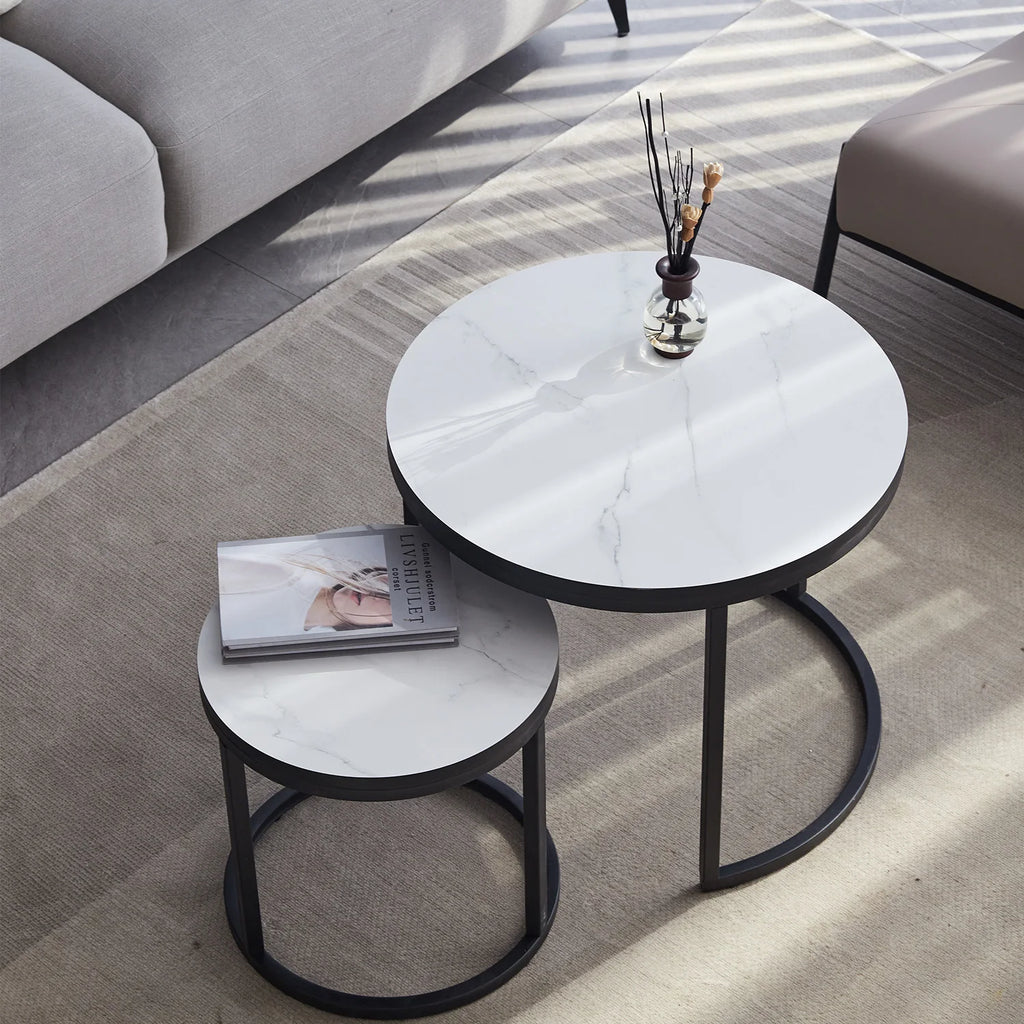 Table basse ronde Fonderie 70 cm — plateau effet bois et piètement métal noir – finition White02