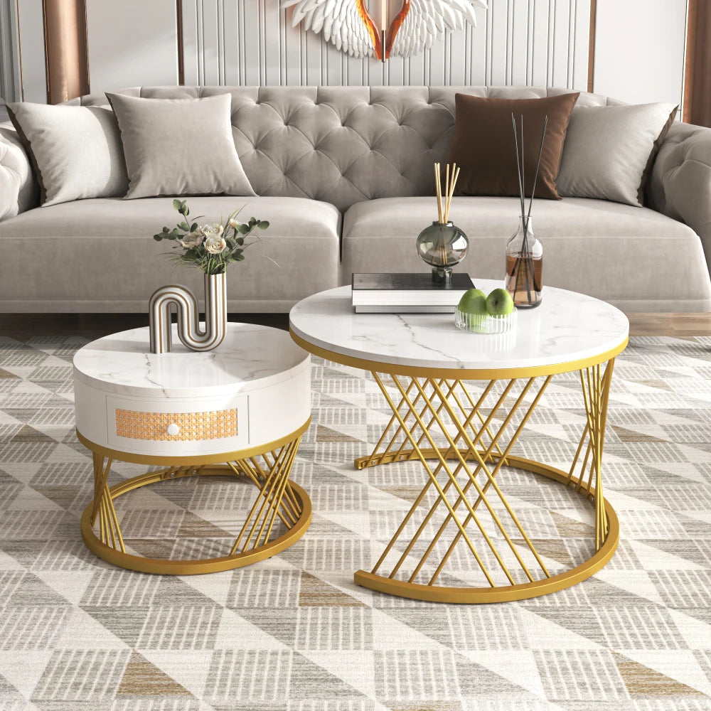 Tables basses rondes 2-en-1 effet marbre, tiroirs cannage et pieds dorés – finition (White) MDF