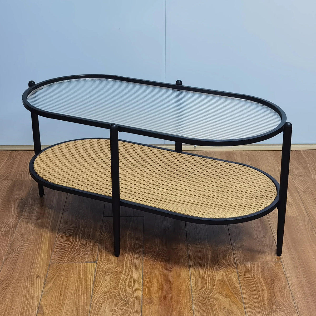 Table basse ovale 2 niveaux en verre ondulé et métal – finition Black