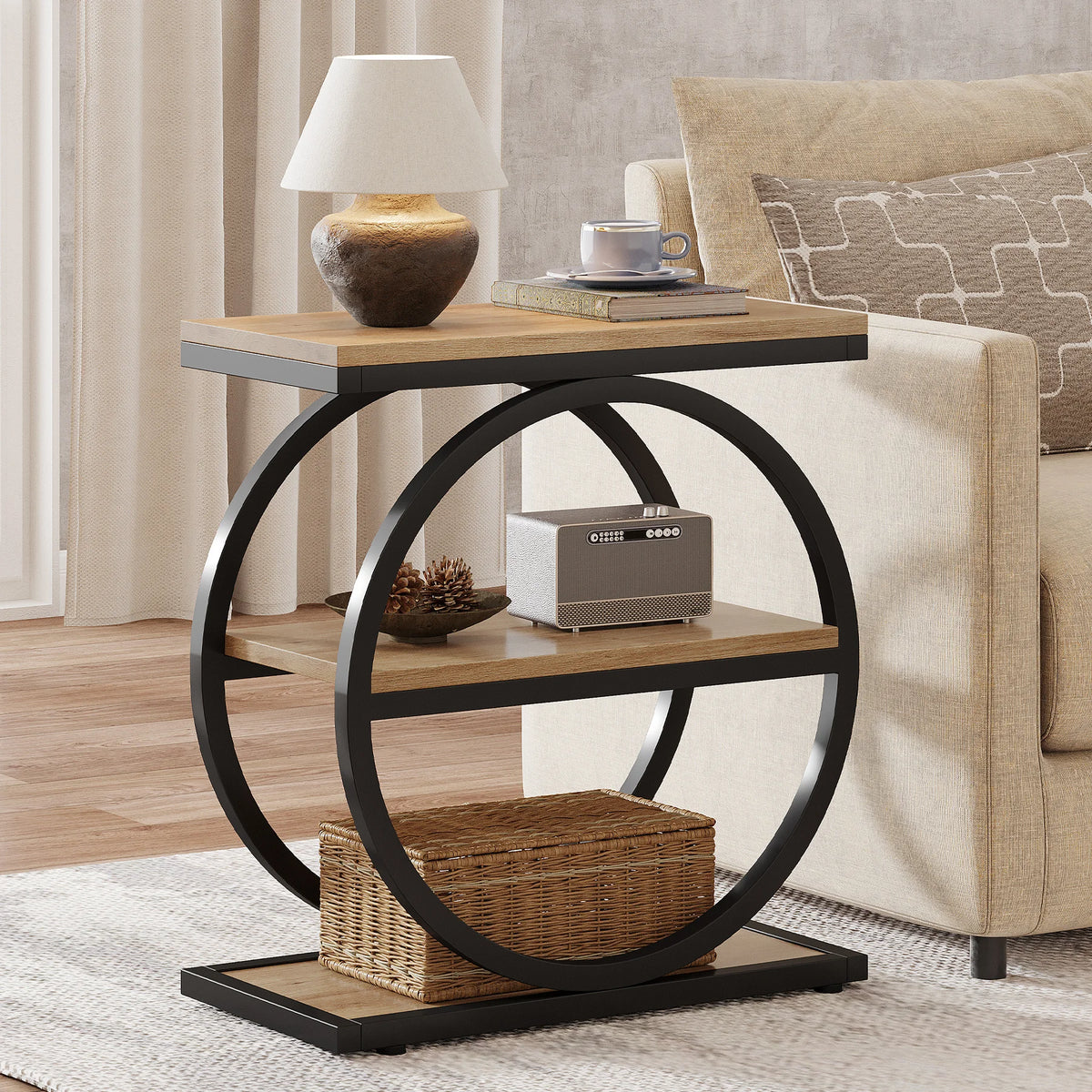 Table d'appoint Cercle 30 cm — trois niveaux, effet bois et cadre métal circulaire – finition Oak