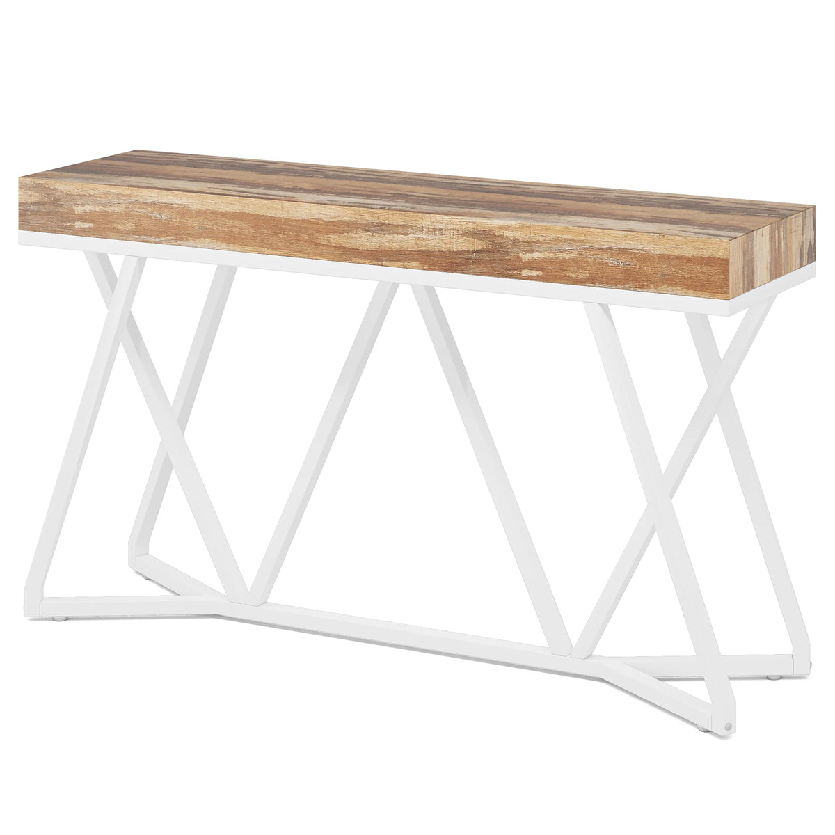 Console d'entrée Croisillons 140 cm — plateau effet chêne rustique et piètement métal noir en X – finition BLANC