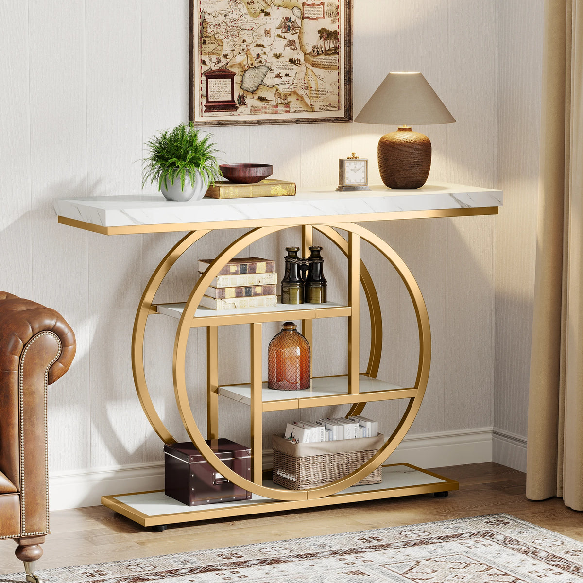 Console d'entrée Cercle 105 cm — quatre niveaux, effet bois et structure métal noir – finition Gold
