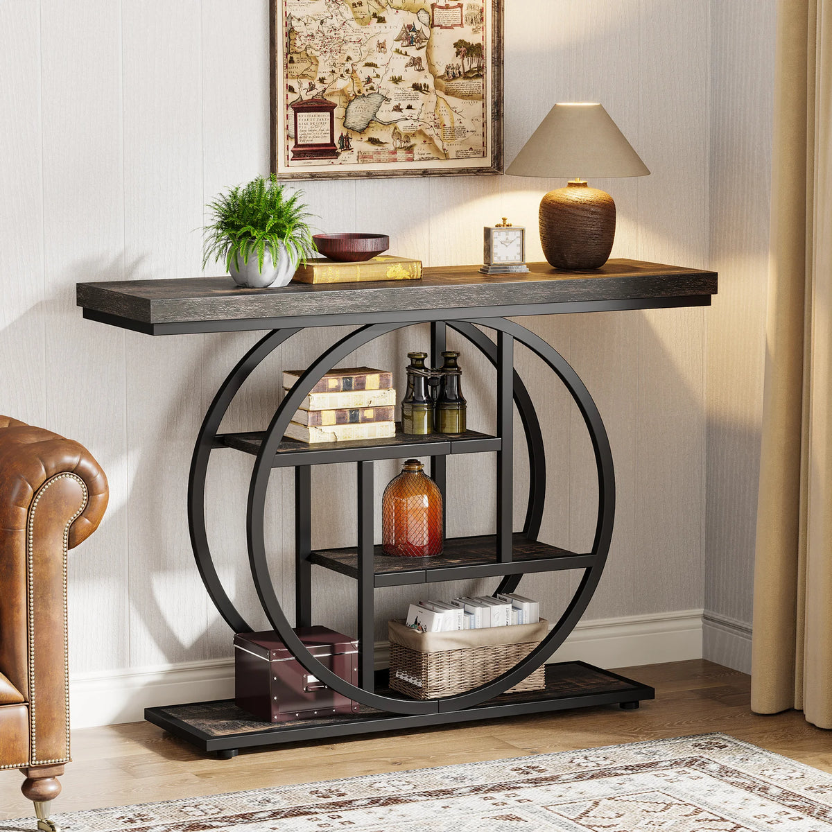 Console d'entrée Cercle 105 cm — quatre niveaux, effet bois et structure métal noir – finition Black