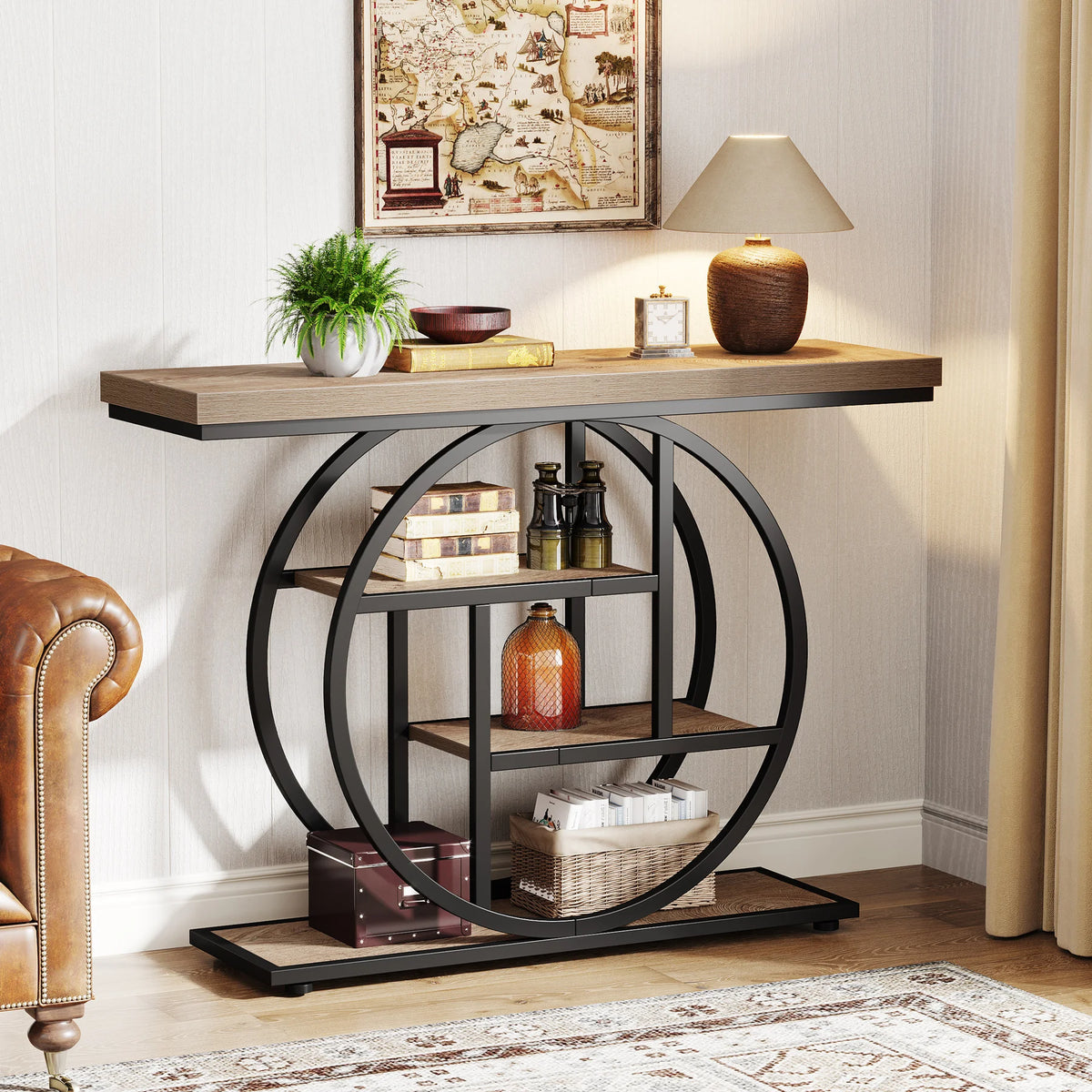 Console d'entrée Cercle 105 cm — quatre niveaux, effet bois et structure métal noir – finition Light Brown