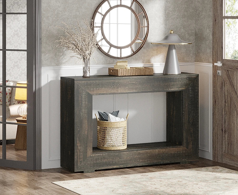 Console d'entrée Cadre 120 cm — effet bois noyer, structure épaisse et étagère basse – finition GRIS FONCÉ