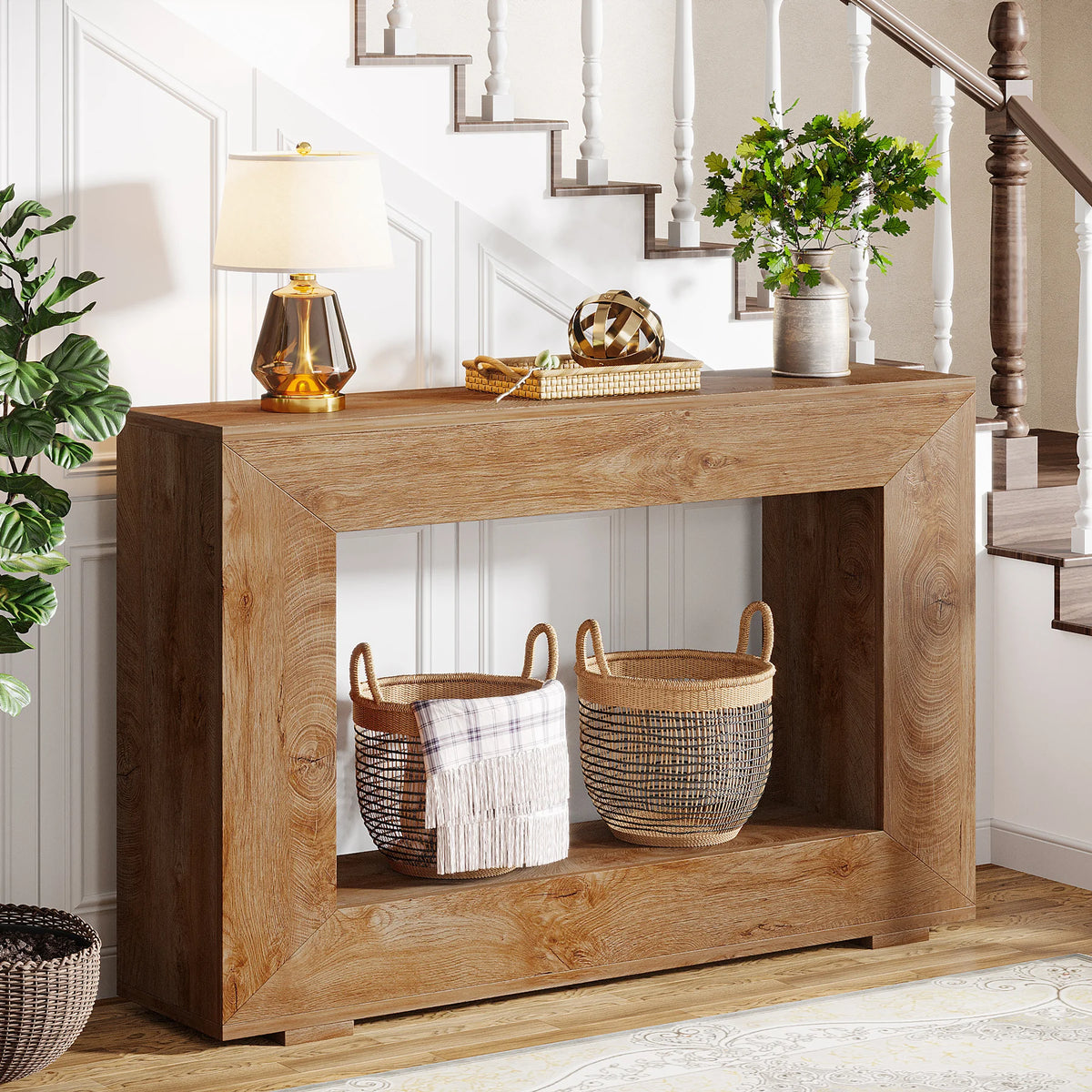Console d'entrée Cadre 120 cm — effet bois noyer, structure épaisse et étagère basse – finition Beige