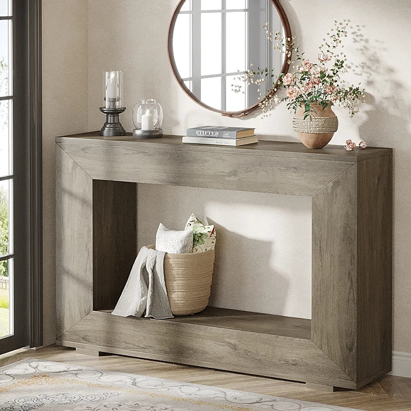 Console d'entrée Cadre 120 cm — effet bois noyer, structure épaisse et étagère basse – finition Gris foncé