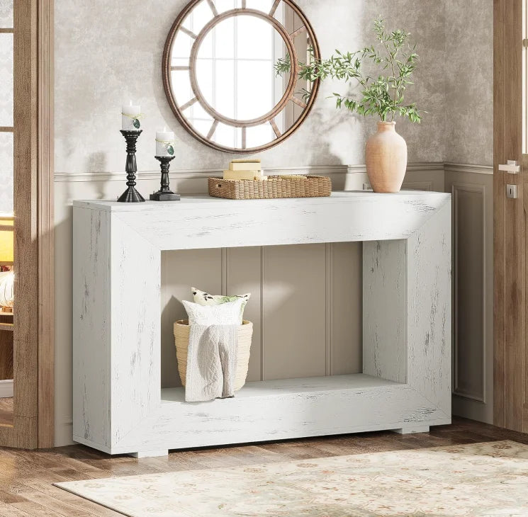 Console d'entrée Cadre 120 cm — effet bois noyer, structure épaisse et étagère basse – finition BLANC