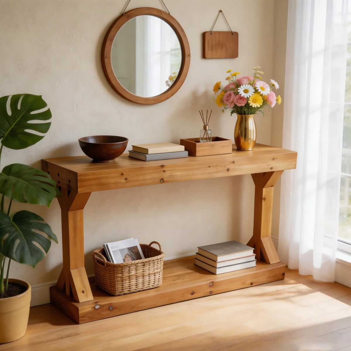 Console d'entrée Ferme 120 cm — plateau bois massif et piètement tourné patiné – finition Natural Wood