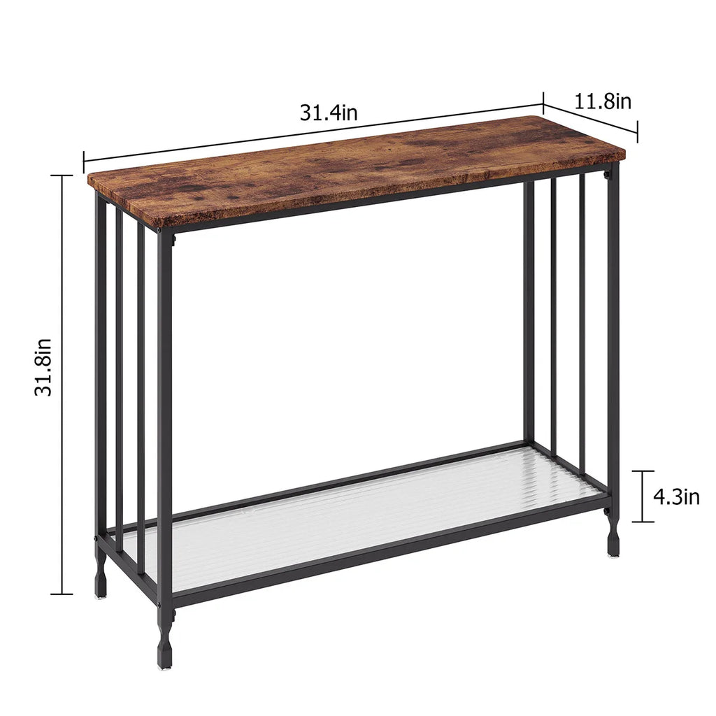 Console de canapé Ferme 100 cm — deux niveaux, effet bois rustique et métal noir – finition Retro
