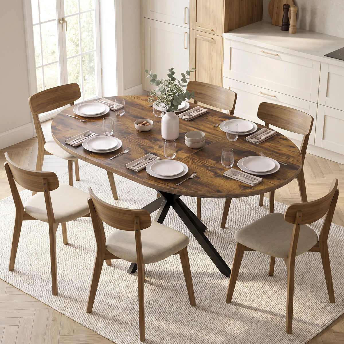 Table à manger ronde extensible Aosom 100/135 cm — effet bois rustique et piètement métal en étoile – vue produit