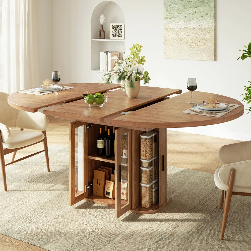 Table à manger ovale extensible Cellier 120/160 cm — chêne clair avec rangement intégré – finition Walnut Color
