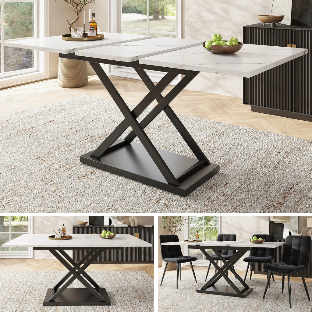 Table à manger extensible Croisel 120/160 cm — plateau effet noyer et pied central en X – finition White Black