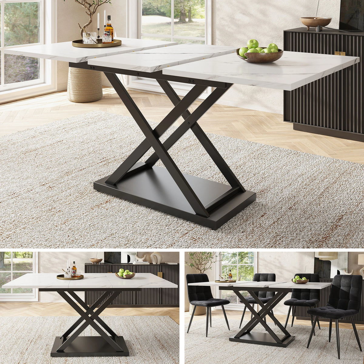 Table à manger extensible Croisel 120/160 cm — plateau effet noyer et pied central en X – finition White Black
