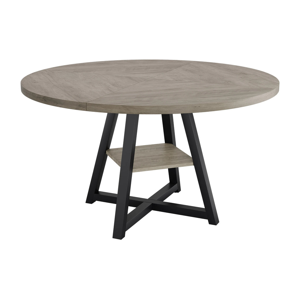 Table à manger ronde industrielle Rouille 120 cm — plateau effet bois rustique et base métal noir – finition Grey