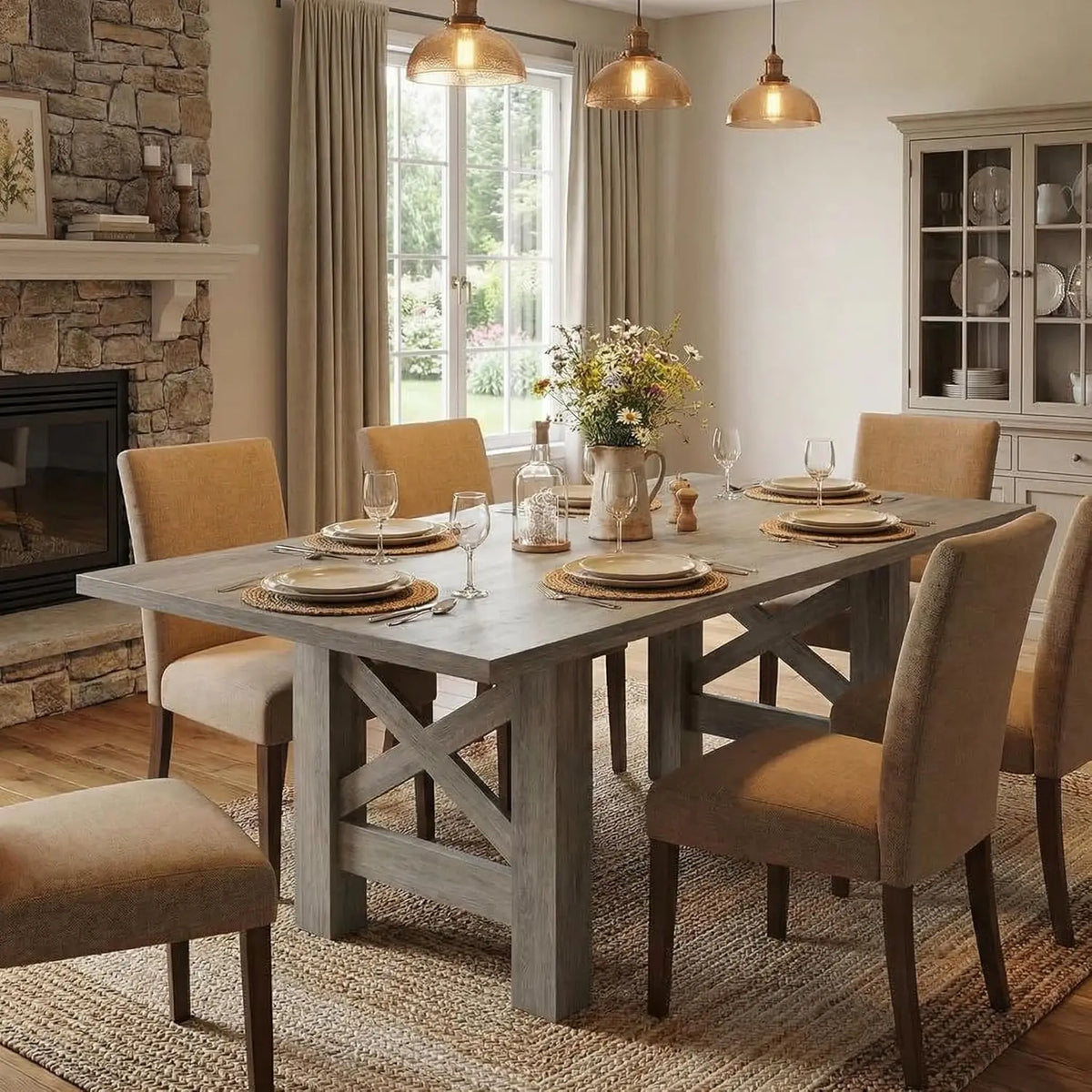 Table à manger industrielle de ferme Charpente 180 cm — plateau effet noyer et piètement à croisillons – finition Grey