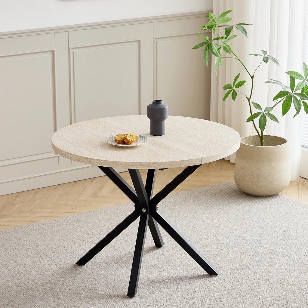 Table à manger ronde Étoile 100 cm — plateau effet chêne et piètement métal noir en araignée – finition Yellow Wood color
