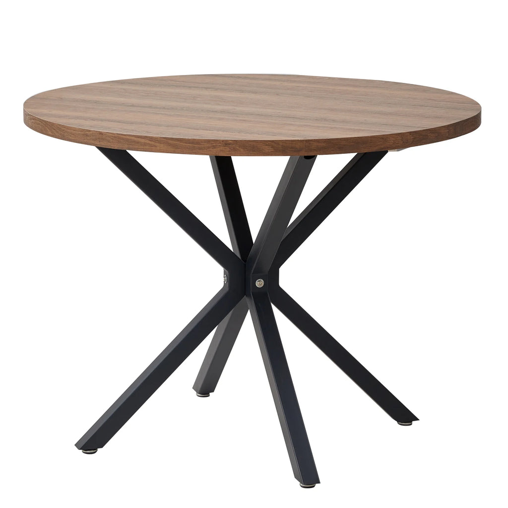 Table à manger ronde Étoile 100 cm — plateau effet chêne et piètement métal noir en araignée – finition Dark Brown color