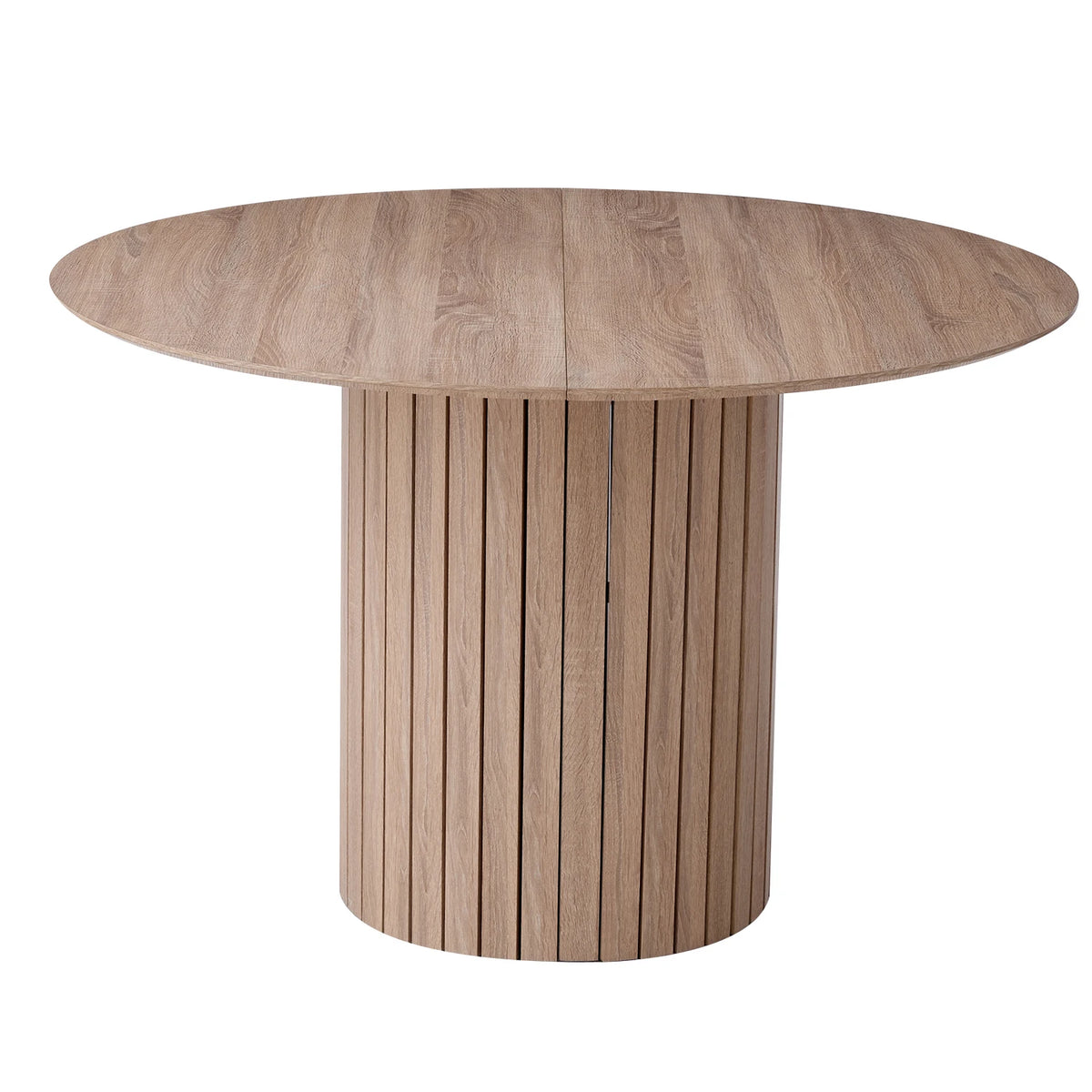 Table à manger ronde Fuselis 120 cm — bois massif teinte noyer, pied cylindrique cannelé – finition Light Brown