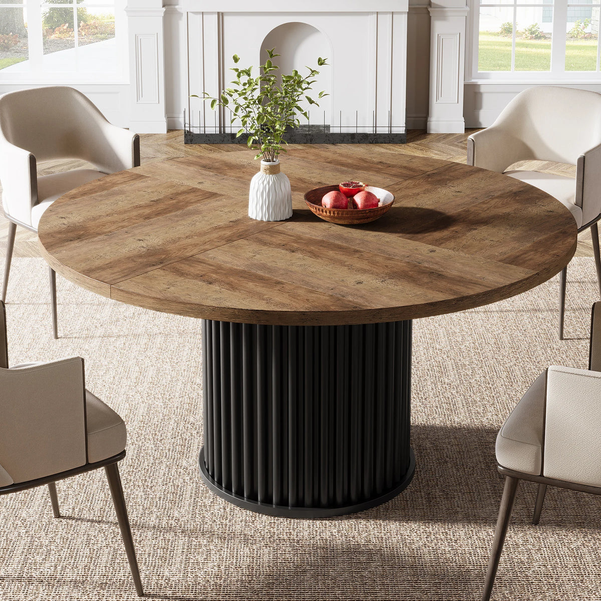 Table à manger ronde Colonne 120 cm — plateau noir et pied central cannelé noir – finition Brown and Black
