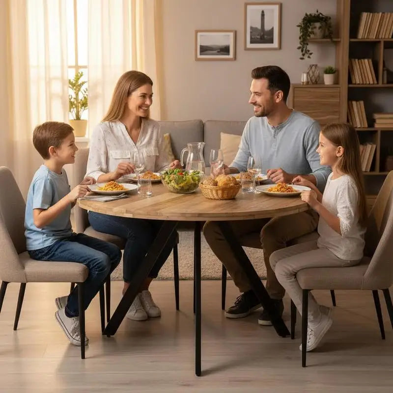 Table à manger ronde Mangaro 110 cm — manguier massif et piètement métal noir en araignée – finition Kaki
