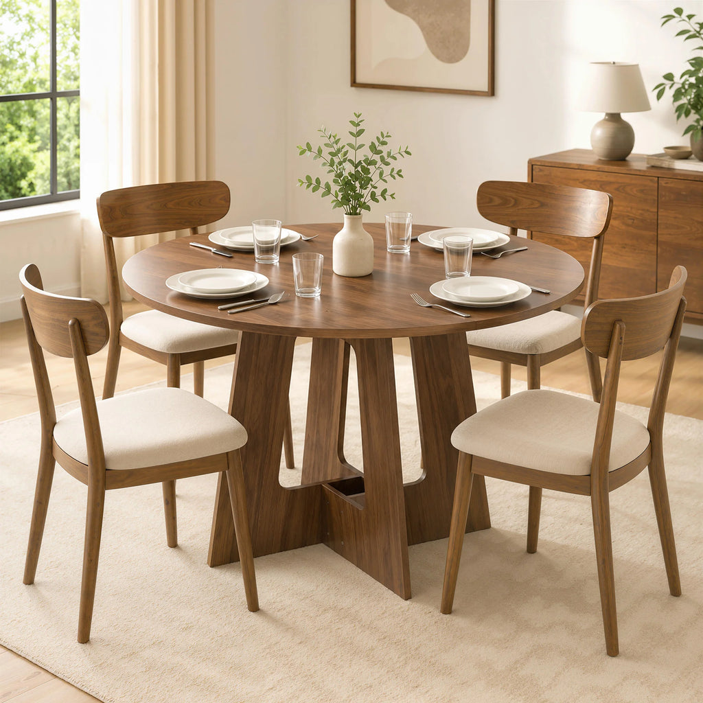 Table à manger ronde Onzel 110 cm — bois teinte noyer et base croisée – vue produit