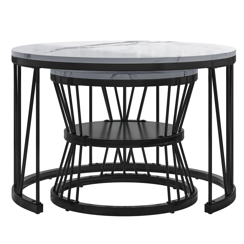 Table basse ronde 2-en-1 effet marbre blanc, pieds courbés noirs – vue produit