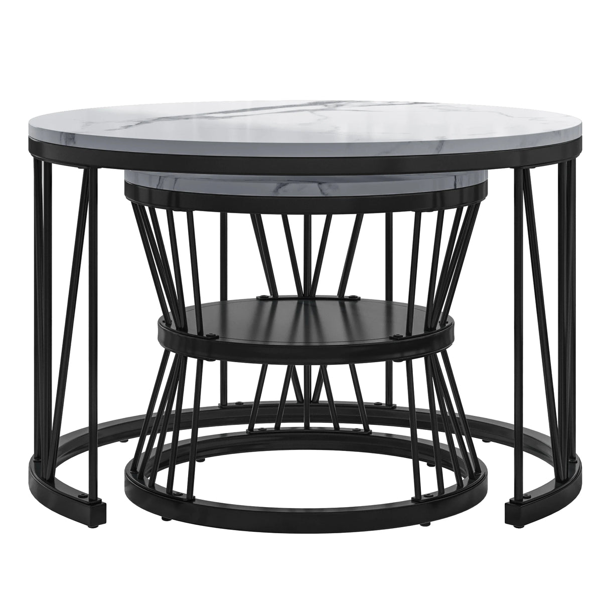 Table basse ronde 2-en-1 effet marbre blanc, pieds courbés noirs – vue produit