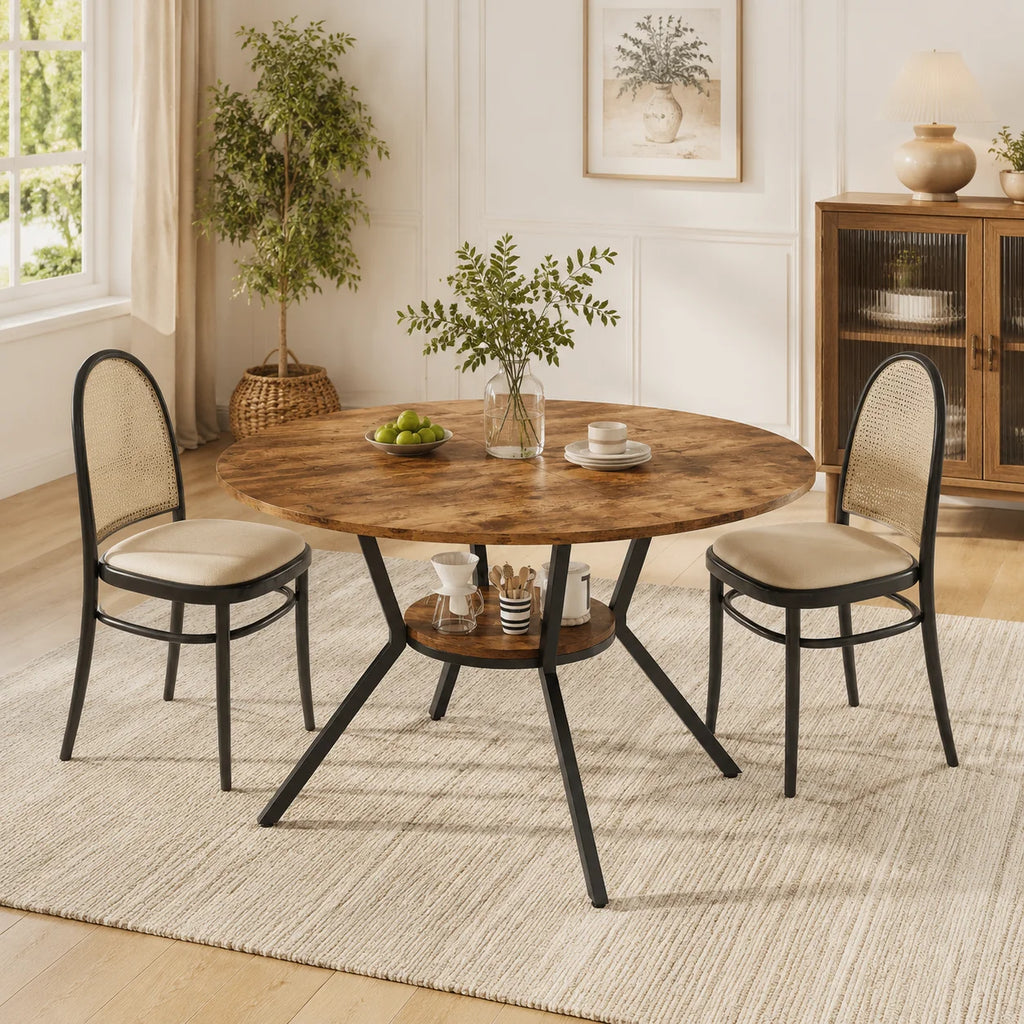 Table à manger ronde industrielle Bistro 120 cm — plateau effet bois vintage, piètement métal noir et tablette basse – finition Brown