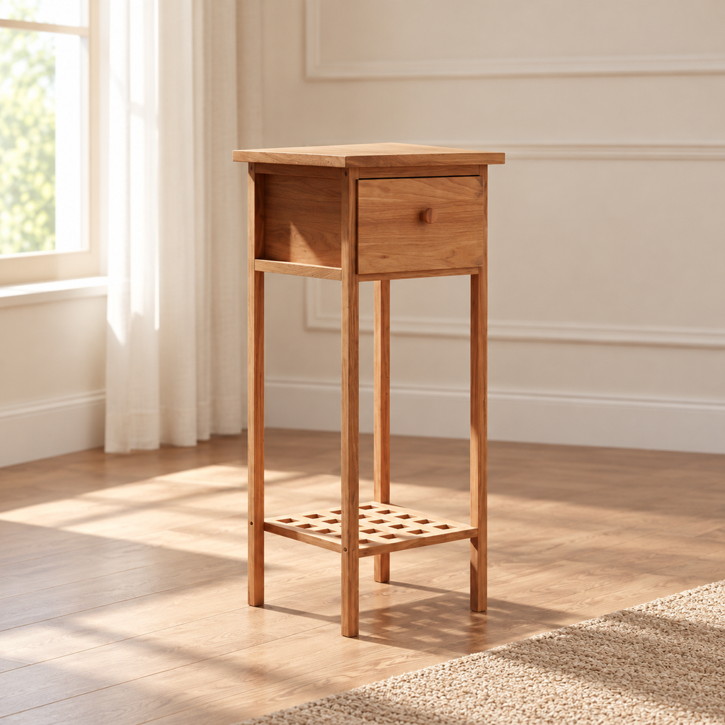 Table d'appoint bout de canapé Noyel — noyer massif, tiroir et étagère — produit seul dans un intérieur de maison
