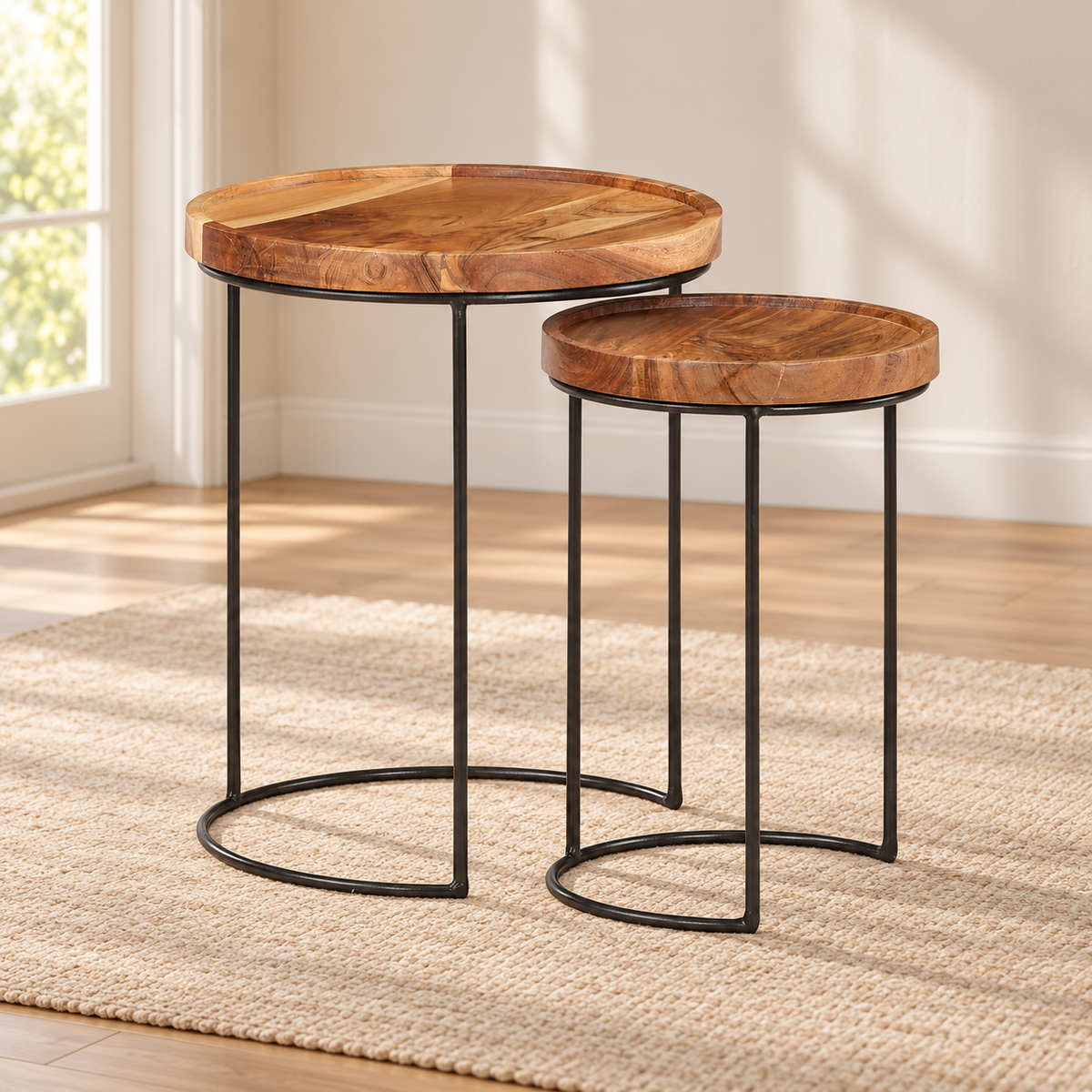 Tables d’appoint gigognes rondes en bois massif — lot de 2 — produit seul dans un intérieur de maison