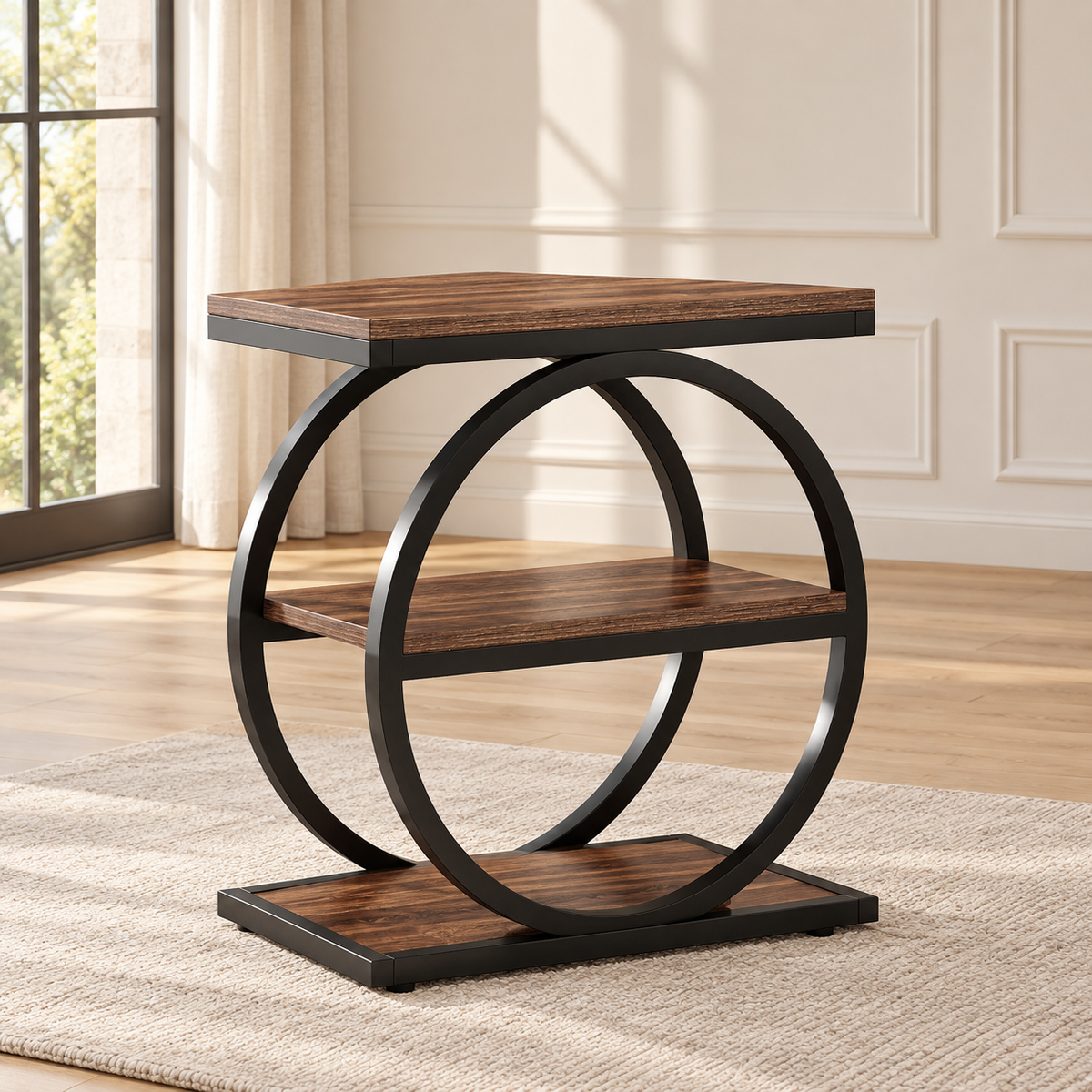 Table d’appoint Cercle 60 × 30 cm – 3 niveaux, métal noir — produit seul dans un intérieur de maison