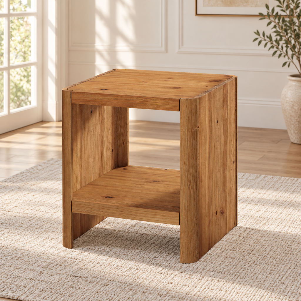 Table d’appoint Cube 50 × 50 cm – bois naturel, 2 niveaux — produit seul dans un intérieur de maison
