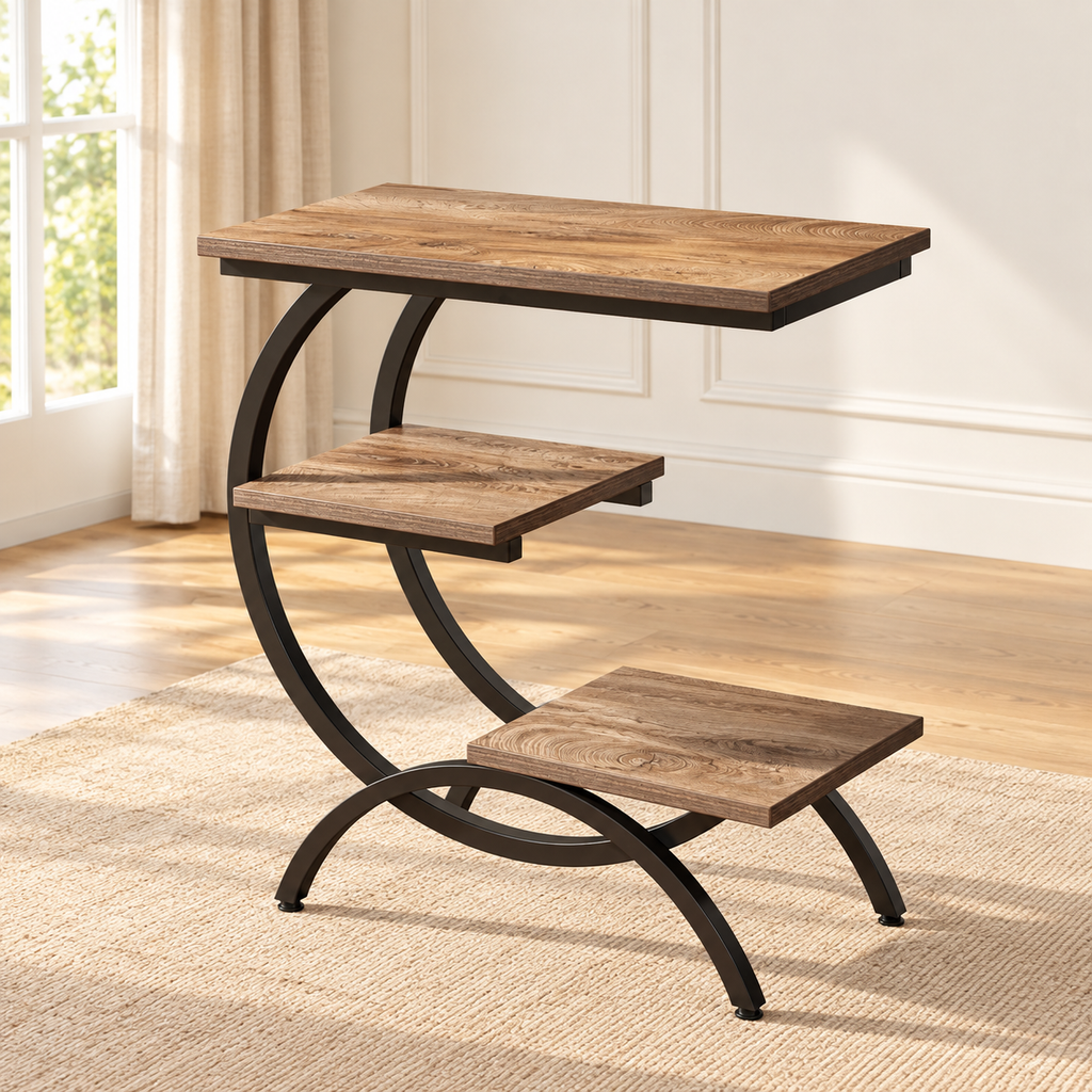 Table d’appoint 60 × 30 cm – 3 niveaux, métal noir — produit seul dans un intérieur de maison