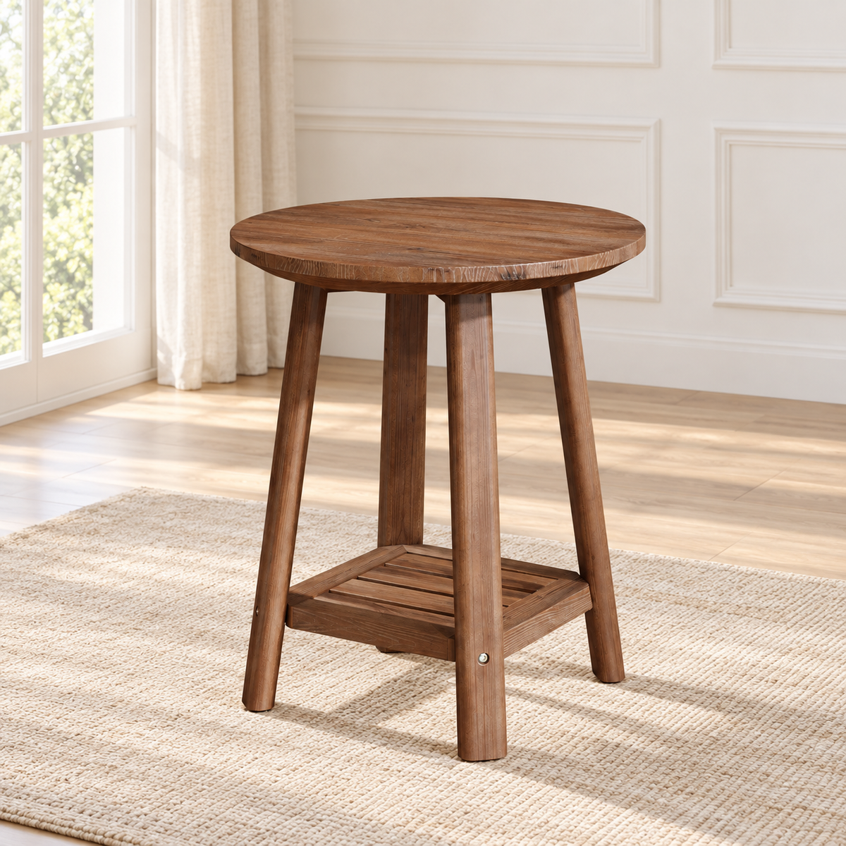Table d’appoint ronde 50 cm – finition noyer, tablette basse — produit seul dans un intérieur de maison